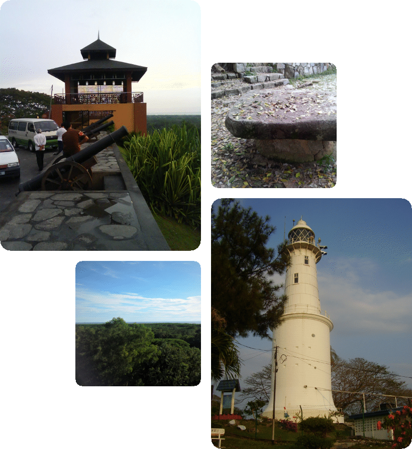 An series of four images, from top left of cannons on Fort Altingsburg overlooking the Straits of Melaka, the bedrock located at the entrance of the Melawati Fort where ancient Sultans beheaded wrongdoers, the lighthouse located on Bukit Melawati designed to light the way for ships passing through the Straits of Melaka, and last, the panoramic view of the Straits of Melaka and majestic rainforests seen from the top of Melawati Hill, representing how to contact us at MM Adventure, including how to email us, call us, send us a message, and how to check us out on social media.
